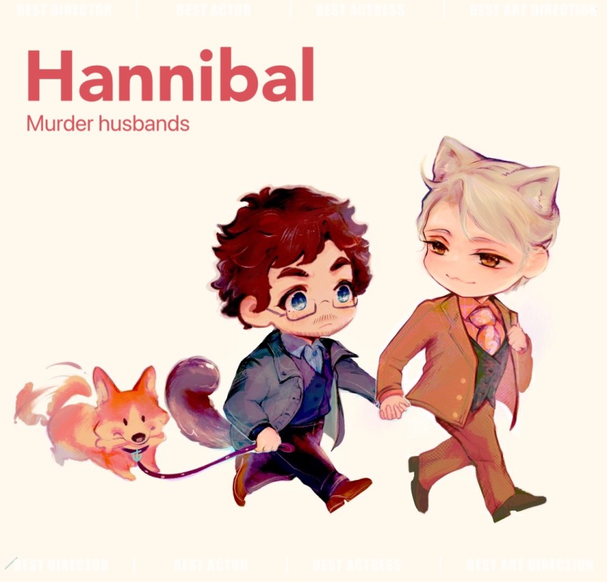 2boys :3 afterimage animal_ears animification beard_stubble black-framed_eyewear black_footwear black_pants black_vest blazer blonde_hair blue_eyes blue_jacket blue_shirt blue_vest brown_footwear brown_hair brown_jacket brown_pants brown_suit buttons cat_ears chibi chinese_commentary closed_mouth collared_jacket collared_shirt commentary_request copyright_name denim english_text facial_hair formal_clothes glasses hannibal_(tv_series) hannibal_lecter holding holding_hands holding_leash jacket jeans kemonomimi_mode lapels layered_sleeves leash long_sleeves looking_at_another male_focus marshal58252 messy_hair motion_lines multiple_boys mustache_stubble necktie notched_lapels open_clothes open_jacket pants pet_walking pink_necktie pink_shirt shiba_inu shirt shoes short_hair simple_background smile stubble suit tail tail_wagging thick_eyebrows vest walking will_graham yaoi yellow_background yellow_eyes