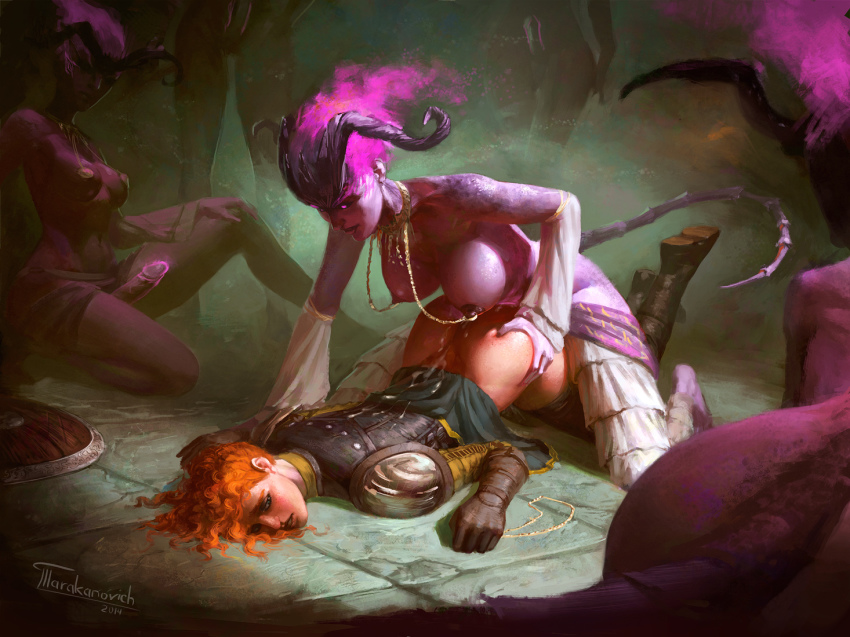 1girl 5futa armor ass blue_eyes bottomless breasts colored_skin cum cum_on_body cum_on_upper_body demon demon_girl desire_demon dimples_of_venus dragon_age futa_with_female futanari gloves glowing glowing_penis horns jewelry large_breasts long_hair magic medium_breasts monster monster_girl multiple_futa navel nipple_piercing nipples orange_hair pasties penis piercing pinned purple_eyes purple_skin sex sex_from_behind shield short_hair sketch skirt standing tail tarakanovich top-down_bottom-up topless_female uncensored