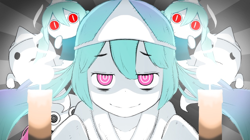 1girl aimaina aqua_hair colored_sclera colored_skin doushite-chan ghost grey_sclera hatsune_miku highres japanese_clothes kimono long_hair looking_at_viewer low_twintails obake_no_ukenerai_(vocaloid) obi pink_eyes potapon right-over-left_kimono sash shiroshouzoku triangular_headpiece twintails very_long_hair vocaloid white_kimono