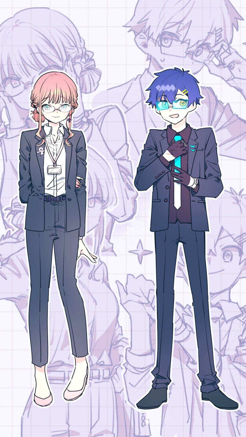 1boy 1girl asanaka_yomogi blue_hair braid brown_hair cosplay formal_clothes glasses gloves gorillapan_z green_eyes gridman_universe gridman_universe_(movie) hair_ornament hairclip highres jacket long_hair long_sleeves looking_at_viewer minami_yume necktie open_mouth scar scar_on_hand shirt short_hair smile suit sunglasses yellow_eyes
