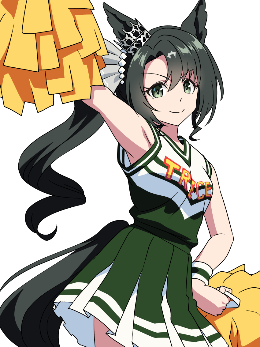 1girl absurdres animal_ears arm_up armpits baasaku_(balasaku24) black_hair breasts cheerleader closed_mouth ear_ornament ear_through_crown green_eyes green_shirt green_skirt hair_between_eyes highres holding holding_pom_poms horse_ears horse_girl horse_tail long_hair looking_at_viewer multicolored_hair pom_pom_(cheerleading) pom_poms ponytail satono_crown_(umamusume) shirt side_ponytail simple_background skirt sleeveless sleeveless_shirt smile solo streaked_hair tail umamusume white_background white_hair wristband