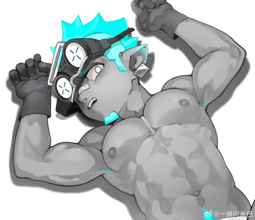 1boy abs arknights bandaid bandaid_on_face bandaid_on_nose black_gloves chameleon_boy chinese_commentary colored_skin commentary_request ethan_(arknights) facial_hair from_above gloves goatee goggles grey_skin highres looking_at_viewer lying male_focus muscular muscular_male nipples on_back open_mouth pectorals pointy_ears topless_male white_background yi_tan_a_mi_ba