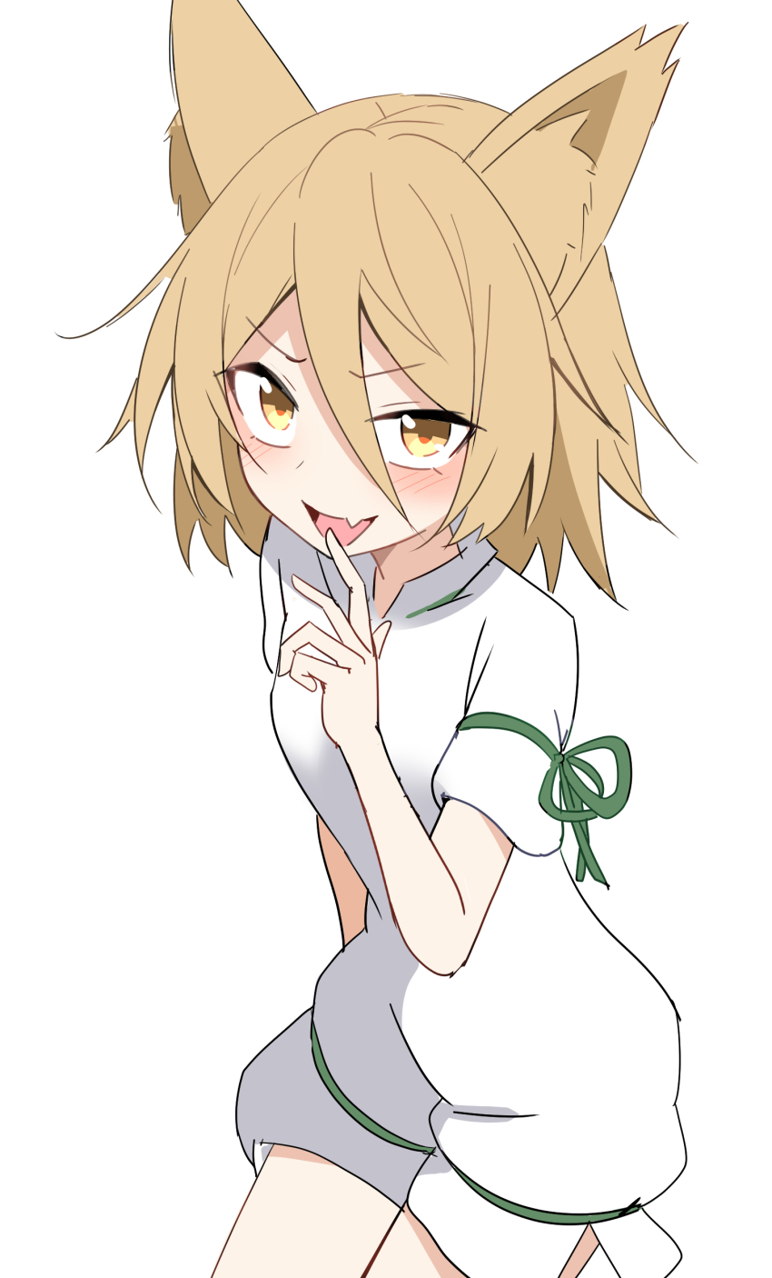 1girl absurdres animal_ears blonde_hair blush cowboy_shot e.o. fang fox_ears green_ribbon highres kudamaki_tsukasa looking_at_viewer open_mouth ribbon romper short_hair short_sleeves simple_background skin_fang smile solo touhou white_background white_romper yellow_eyes