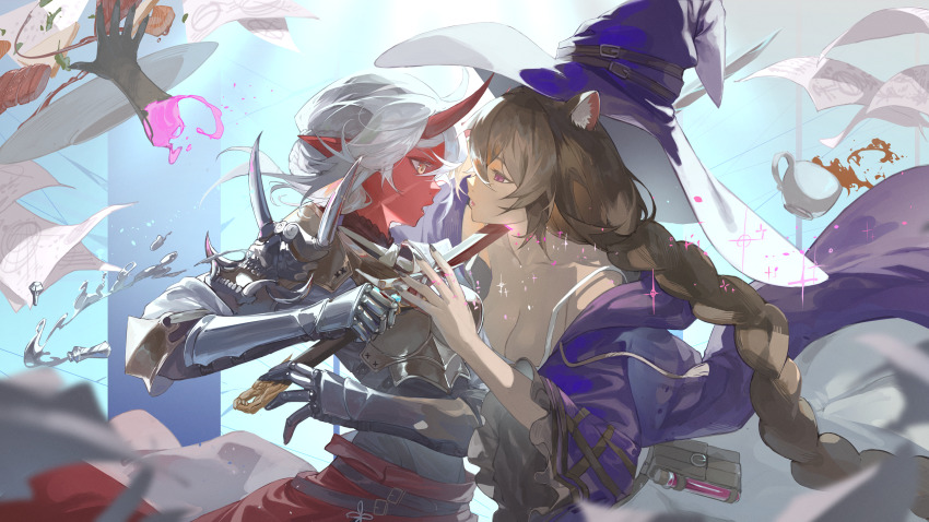 2girls absurdres akumi_(yoclesh) animal_ear_fluff animal_ears armor bare_shoulders belt belt_pouch blood blue_sky bottle bra braid breastplate breasts brown_hair cat_ears cleavage cloak colored_skin cowboy_shot demon_girl demon_horns elixir flying_paper from_side gauntlets gloves hair_between_eyes hat highres holding holding_sword holding_weapon horns indie_virtual_youtuber kingcraft_kingu long_hair magic medium_breasts multiple_girls myun_(vtuber) narrowed_eyes open_mouth paper pink_blood pointy_ears potion pouch purple_cloak purple_eyes purple_hat red_skin shoulder_armor single_braid sky sparkle spill sunlight sword underwear weapon white_hair witch witch_hat yellow_eyes
