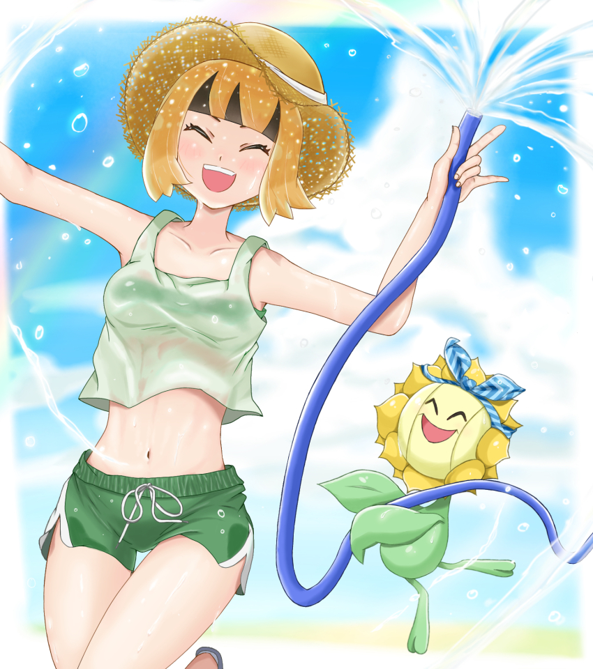 1girl :d alternate_costume blunt_bangs brown_hat choice_scarf closed_eyes cloud collarbone commentary_request day eyelashes gardenia_(pokemon) gen_2_pokemon green_shorts hat highres holding holding_hose hose kabo_(user_vsaf8575) midriff navel nintendo open_mouth outdoors pokemon pokemon_(creature) pokemon_dppt shirt shorts sky sleeveless sleeveless_shirt smile straw_hat summer sunflora teeth upper_teeth_only water water_drop