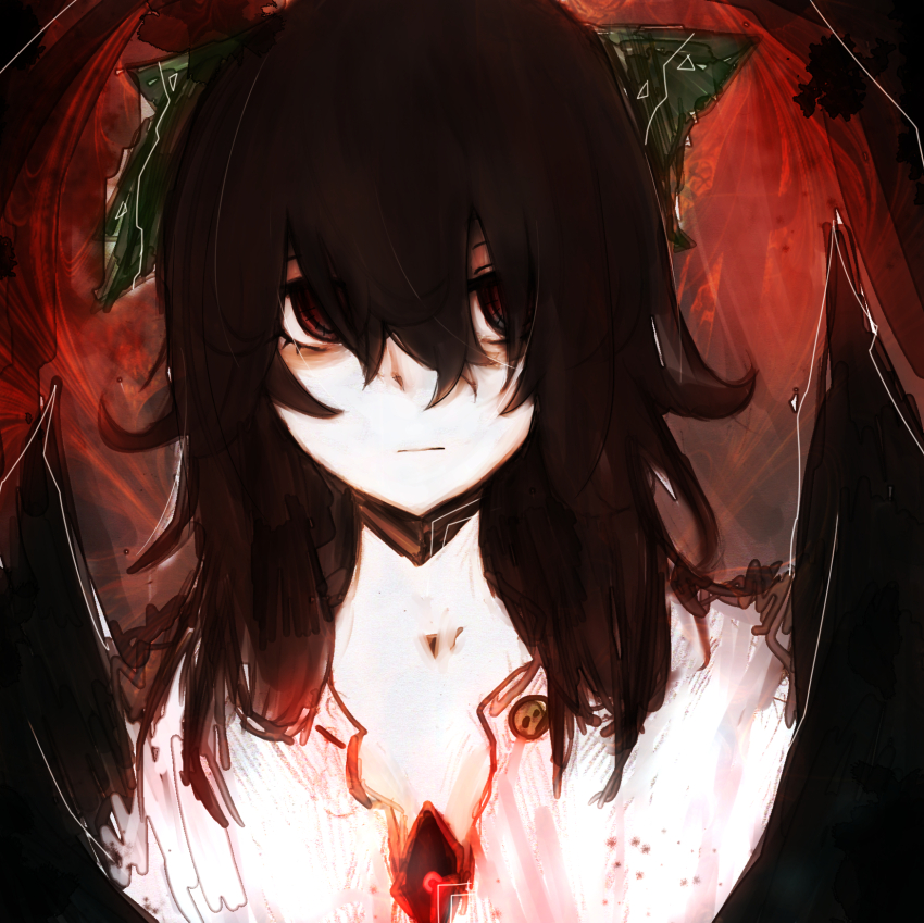 1girl black_hair black_wings bow buttons commentary_request expressionless green_bow hair_between_eyes hair_bow hair_over_eyes highres long_hair partial_commentary red_background red_eyes reiuji_utsuho shirt sketch solo sutorobo72 third_eye touhou upper_body white_shirt wings