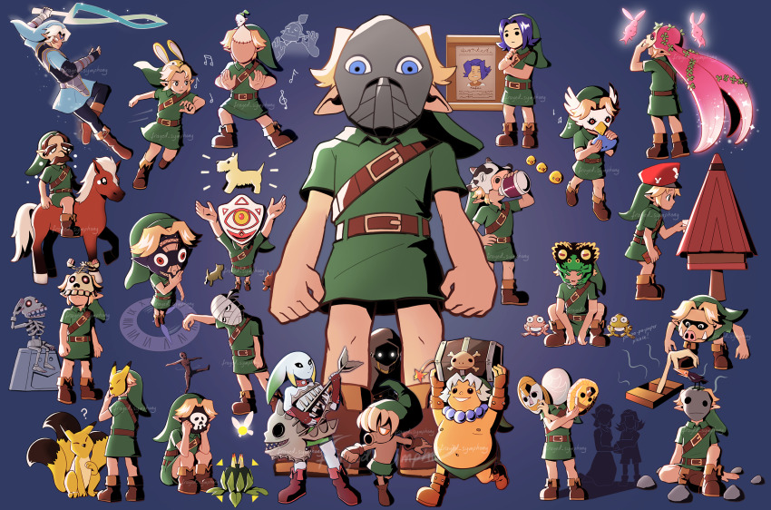 ???_(legend_of_zelda) all-night_mask anju_(zelda) blast_mask blonde_hair blue_background blue_eyes boots bottle bremen_mask bunny_hood_(zelda) captain&#039;s_hat_(zelda) circus_leader&#039;s_mask couple&#039;s_mask_(zelda) deku deku_link dog don_gero&#039;s_mask drinking epona extra_tails fierce_deity fish_skeleton frayed-symphony frog full_body garo_mask ghost giant&#039;s_mask gibdo_mask goron goron_link great_fairy_mask green_tunic guitar hand_on_own_hip hat highres horse instrument kafei kafei&#039;s_mask kamaro kamaro&#039;s_mask keaton_(zelda) keaton_mask link mailbox mask mask_of_scents mask_of_truth meme milk multiple_persona multiple_views musical_note nintendo ocarina pacha_meme pointy_ears postman&#039;s_hat redead rock romani&#039;s_mask salute silhouette stalchild stone_mask sword the_legend_of_zelda the_legend_of_zelda:_majora&#039;s_mask tombstone tunic wanted_poster weapon young_link zora zora_link