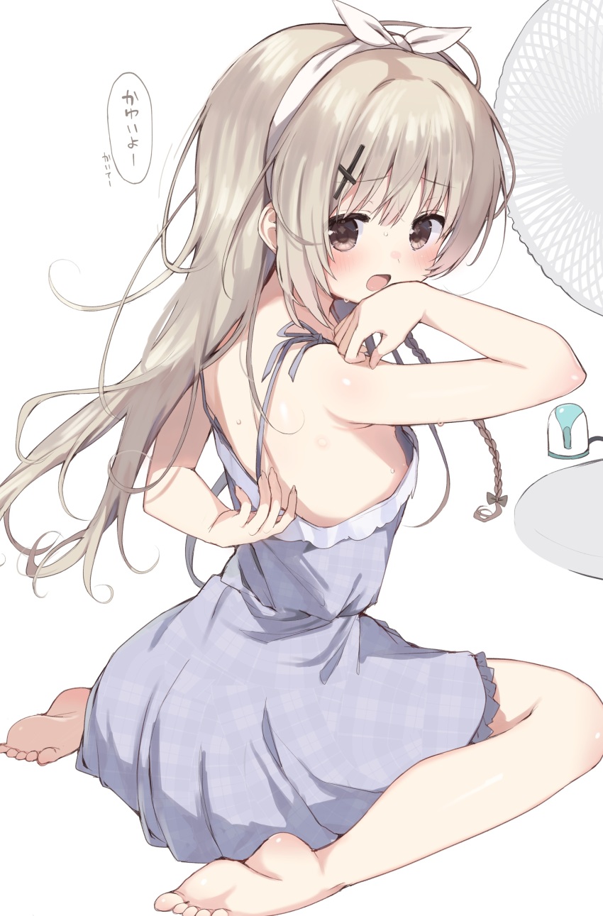 1girl absurdres back bare_arms bare_shoulders barefoot blush brown_eyes bug_bite commentary_request dress electric_fan feet from_behind full_body grey_dress grey_hair hair_ornament hair_ribbon hairband highres long_hair looking_at_viewer looking_back open_mouth original paid_reward_available ribbon sitting sleeveless sleeveless_dress solo speech_bubble takepoison translation_request wariza white_background white_hairband white_ribbon x_hair_ornament