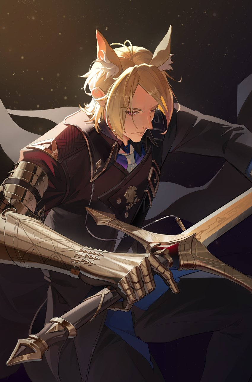 1boy absurdres animal_ear_fluff animal_ears arknights armor black_jacket blonde_hair buckle chinese_commentary closed_mouth commentary_request expressionless gauntlets highres holding holding_sword holding_weapon jacket light_particles long_sleeves looking_at_viewer male_focus mlynar_(arknights) parted_bangs pink_eyes short_hair solo sword tianqing_zhaoxue weapon
