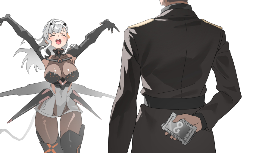 1boy 1girl \o/ arm_at_side arm_behind_back armor armored_boots arms_up back bandaged_head bandages black_gloves blush bodysuit boots breasts commander_(nikke) covered_navel cowboy_shot epaulettes facing_another fingerless_gloves floating_hair from_behind gloves goddess_of_victory:_nikke grey_hair hashtag-only_commentary highres holding large_breasts long_hair long_sleeves mecha_musume mechanical_tail military_uniform modernia_(nikke) outstretched_arms see-through_bodysuit see-through_clothes shoulder_armor sidelocks simple_background sleeveless sleeveless_bodysuit smile standing swept_bangs tail teeth upper_teeth_only w_arms wge white_background