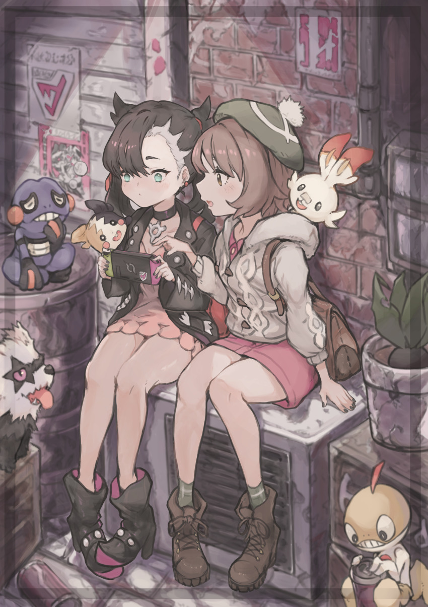 absurdres asymmetrical_bangs bag black_hair bob_cut brown_hair flower_pot galarian_form galarian_zigzagoon gen_1_pokemon gen_5_pokemon gen_8_pokemon gloria_(pokemon) hat highres jacket kintsuba_(garapagosukkk) marnie_(pokemon) morpeko morpeko_(full) multiple_girls nintendo nintendo_switch oddish outdoors pokemon pokemon_(creature) pokemon_swsh poster_(object) scorbunny scraggy shoulder_bag sitting socks