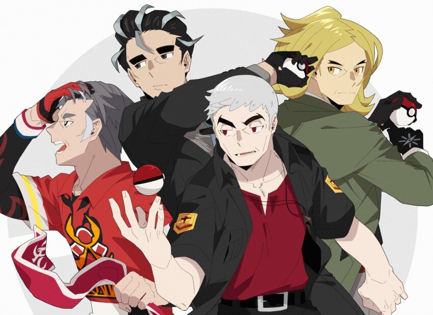 4boys belt black_belt black_gloves black_hair black_suit blonde_hair blue_necktie business_suit capelet closed_mouth dynamax_band formal_clothes gloves green_suit grey_background grey_eyebrows grey_eyes grey_hair grey_shirt gym_leader_jersey hassel_(pokemon) holding holding_poke_ball jersey jewelry kabu_(pokemon) larry_(pokemon) male_focus multiple_boys nanu_(pokemon) necklace necktie nintendo old old_man open_mouth poke_ball pokemon pokemon_sm pokemon_sv pokemon_swsh red_eyes red_shirt saikei salaryman shirt soccer_uniform sportswear suit thick_eyebrows towel white_background yellow_eyes z-crystal