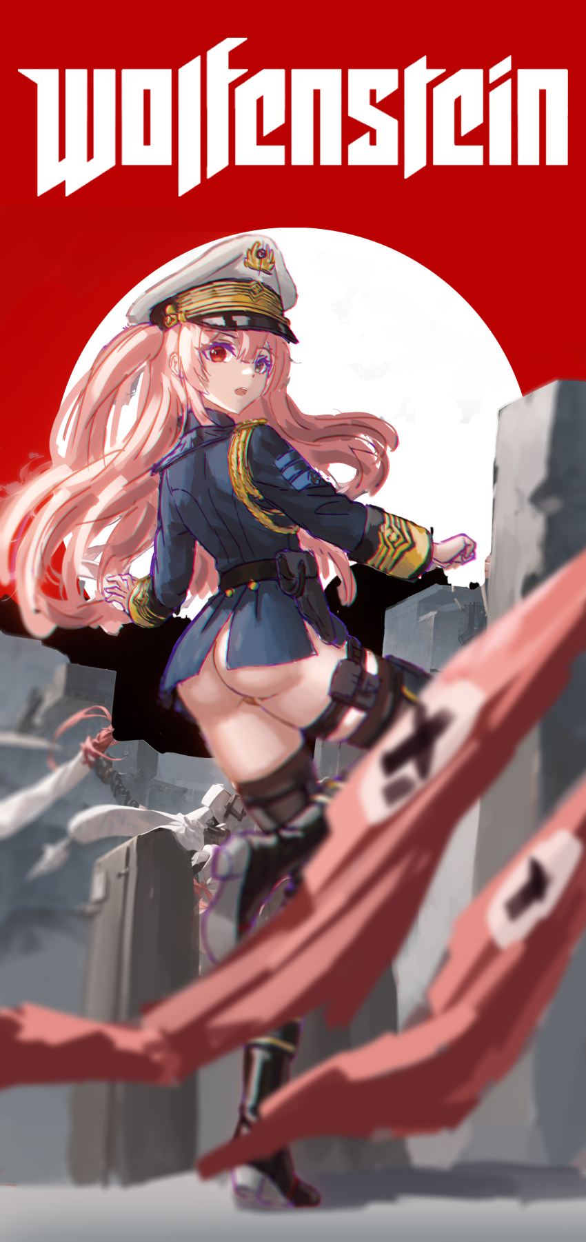 1girl absurdres ass banner belt black_thighhighs boots german_text hat highres holster huihuang_rongyao insignia kriegsmarine long_sleeves military_hat military_uniform naval_uniform nazi original pillar pink_hair red_background red_eyes thighhighs thighs white_background wolfenstein_(series)