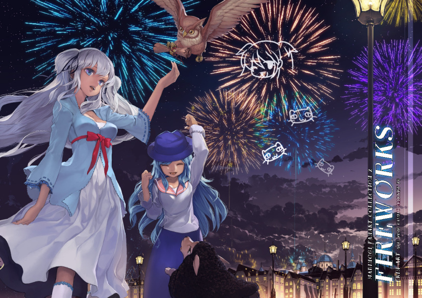 2girls aerial_fireworks bird blue_eyes blue_hair breasts cleavage dress closed_eyes fireworks hat long_hair lorna mabinogi multiple_girls nao_(mabinogi) open_mouth owl pan_(mabinogi) scroll sheep toro_(konirio) white_hair