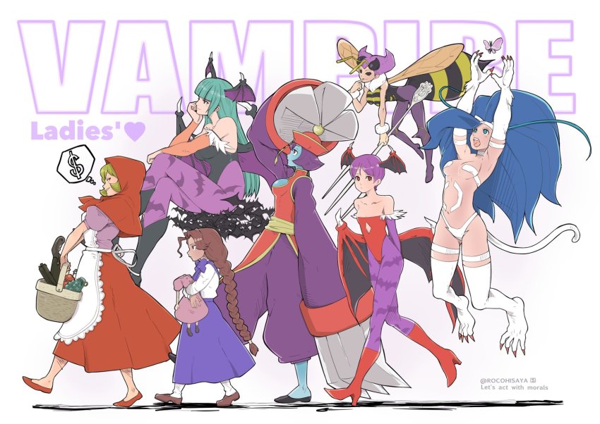 6+girls anita_(darkstalkers) artist_name b.b._hood bat_wings blonde_hair blue_hair brown_hair bug butterfly capcom darkstalkers doll english_text explosive felicia_(darkstalkers) green_hair grenade gun heart highres holding holding_doll holding_polearm holding_weapon hsien-ko insect jumping lilith_(darkstalkers) looking_ahead looking_at_viewer morrigan_aensland multiple_girls polearm purple_hair q-bee rocohisaya simple_background speech_bubble thought_bubble trident walking weapon wings