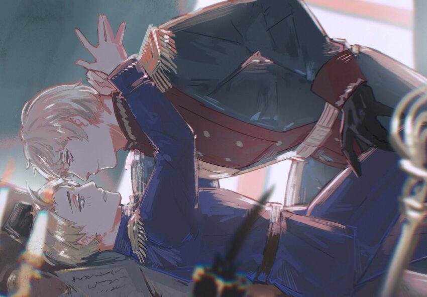 2boys ahoge america_(hetalia) armlock axis_powers_hetalia belt black_belt black_gloves blonde_hair blue_jacket blue_pants blurry blurry_background blurry_foreground blush buttons candle closed_mouth commentary_request curtains epaulettes gloves green_jacket green_pants grey_hair half-closed_eyes highres indoors jacket long_sleeves looking_at_another lying male_focus military military_jacket military_uniform multiple_boys on_back pants paper purple_eyes quill russia_(hetalia) short_hair table teeth vampiryprpr yaoi yellow_belt