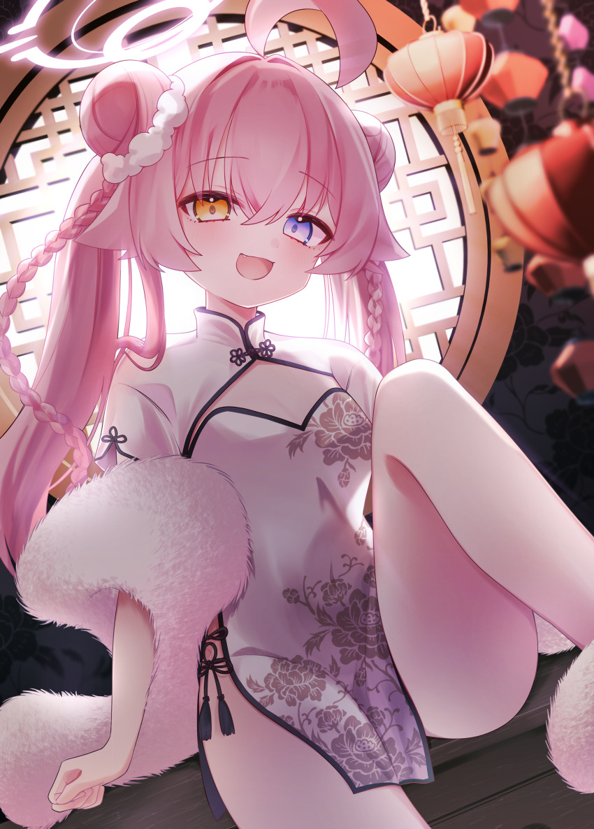 1girl absurdres ahoge alternate_costume alternate_hairstyle blue_archive blue_eyes blush braid china_dress chinese_clothes commentary_request double_bun dress floral_print floral_print_dress hair_between_eyes hair_bun halo heterochromia highres hoshino_(blue_archive) long_hair looking_at_viewer nifuji open_mouth pink_hair pink_halo print_dress sitting solo twintails very_long_hair white_dress yellow_eyes