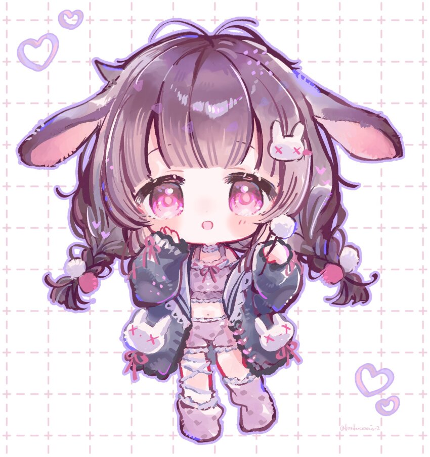 1girl animal_ears asymmetrical_footwear blush bow braid chibi choker coat fallenshadow fallenshadow_(pajamas) frilled_choker frilled_ribbon frilled_sailor_collar frilled_shirt frilled_shorts frilled_socks frills hair_ornament hairpin hand_on_own_face hands_up heart highres indie_virtual_youtuber jacket low_twin_braids mimikaki navel off_shoulder official_alternate_costume official_alternate_hairstyle open_clothes open_jacket pajamas pink_bow pink_eyes pink_pajamas pink_shorts pink_socks purple_coat purple_hair purple_jacket rabbit_ears rabbit_hair_ornament rabbit_ornament ribbon sailor_collar shirt shorts simple_background single_off_shoulder socks solo syukonbu triple_ahoge twin_braids twitter_username uneven_footwear