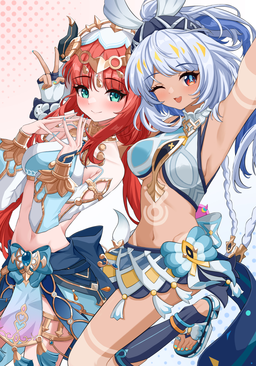 2girls absurdres aichinaigai aqua_nails aqua_trim arm_up armpits blue_skirt blush breasts closed_mouth crop_top dark_skin fake_horns fingernails fish-shaped_pupils genshin_impact green_eyes grey_hair harem_outfit highres horns long_hair looking_at_viewer medium_breasts mualani_(genshin_impact) multiple_girls navel nilou_(genshin_impact) open_mouth orange_eyes red_hair skirt smile stomach tan v veil white_veil