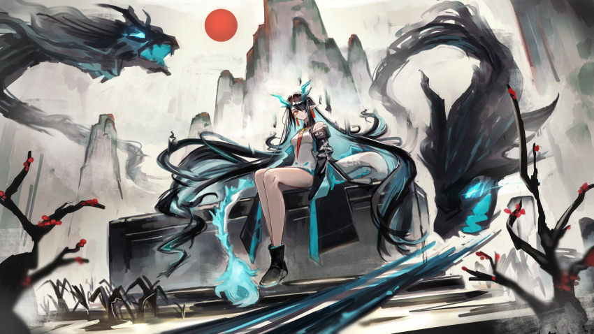1girl arknights bare_shoulders black_hair blue_hair branch closed_mouth colored_extremities colored_inner_hair commentary dragon dragon_girl dragon_horns dragon_tail dusk_(arknights) earrings eastern_dragon expressionless full_body hair_over_one_eye highres horns jewelry long_hair looking_at_viewer multicolored_hair on_(yattemasu) one_eye_covered pointy_ears red_eyes red_sun sitting solo tail very_long_hair