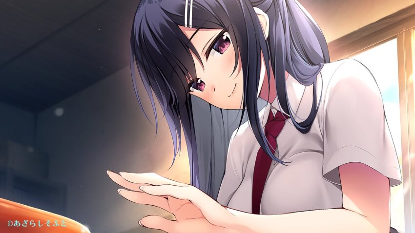 1girl akebi_saki amaemi-longing_for_you- blue_hair blush breasts closed_mouth collared_shirt commentary_request copyright_notice hair_ornament hairclip head_tilt indoors large_breasts long_hair looking_at_viewer necktie official_art oryo_(oryo04) pink_eyes red_necktie school_uniform shirt short_sleeves smile solo swept_bangs white_shirt wing_collar