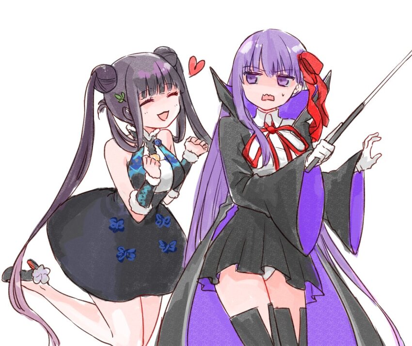 2girls balcony bb_(fate) bb_(fate/extra) black_coat black_dress black_skirt black_thighhighs breasts coat commentary_request double_bun dress fate/grand_order fate_(series) gloves hair_bun hair_ribbon hair_rings heart high_heels himeko_(nico6v6pachi) holding_baton long_coat long_hair medium_breasts miniskirt multiple_girls open_mouth panties purple_eyes purple_hair ribbon short_dress skirt smile standing standing_on_one_leg sweatdrop thighhighs twintails two-sided_coat two-sided_fabric underwear very_long_hair wavy_mouth white_gloves white_panties yang_guifei_(fate) yang_guifei_(first_ascension)_(fate)