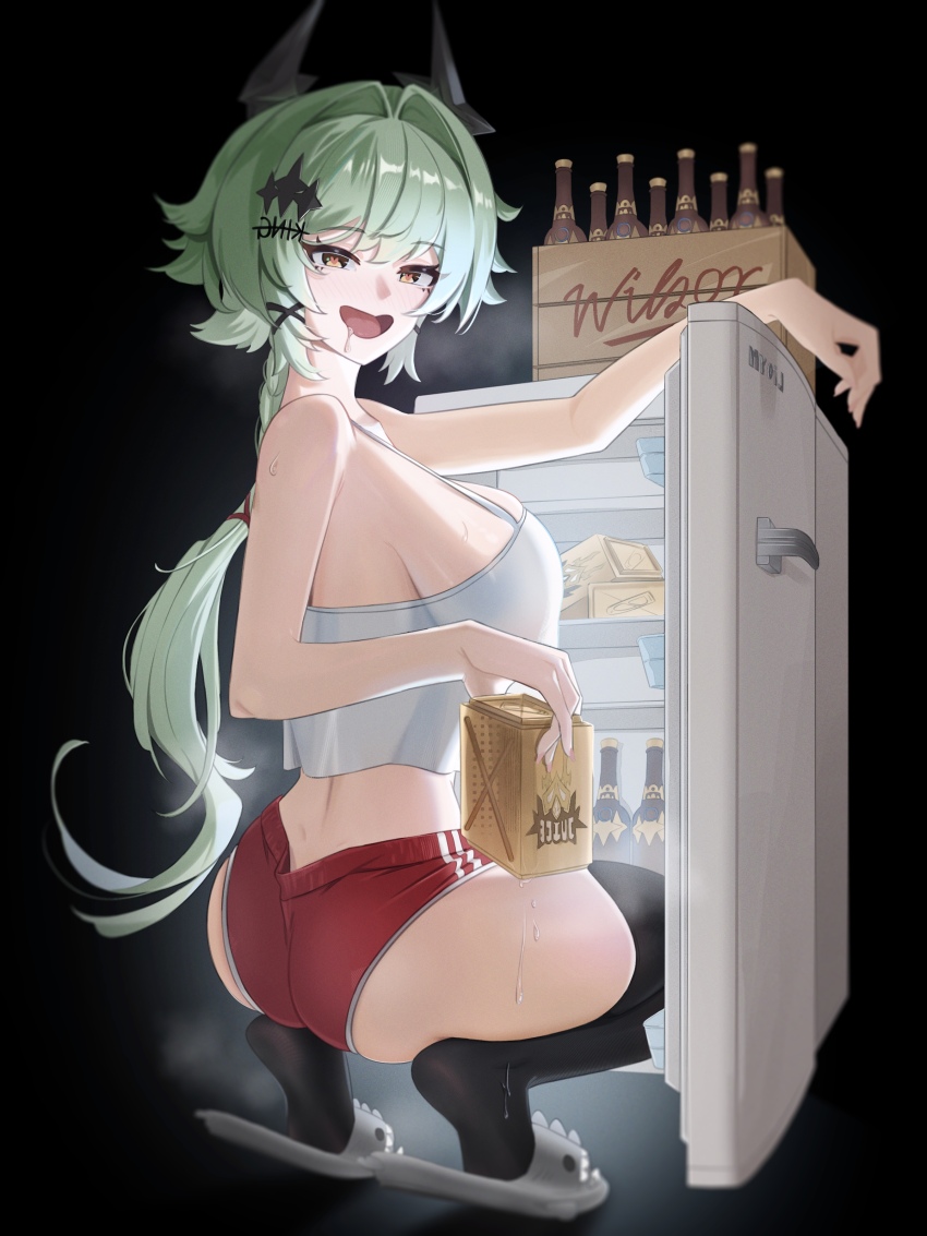 1girl absurdres ass black_thighhighs bottle breasts caesar_king_(zenless_zone_zero) green_hair hair_ornament hairclip highres iblod looking_at_viewer looking_back low_ponytail ponytail red_shorts refrigerator shorts slippers smile solo squatting thighhighs vest zenless_zone_zero