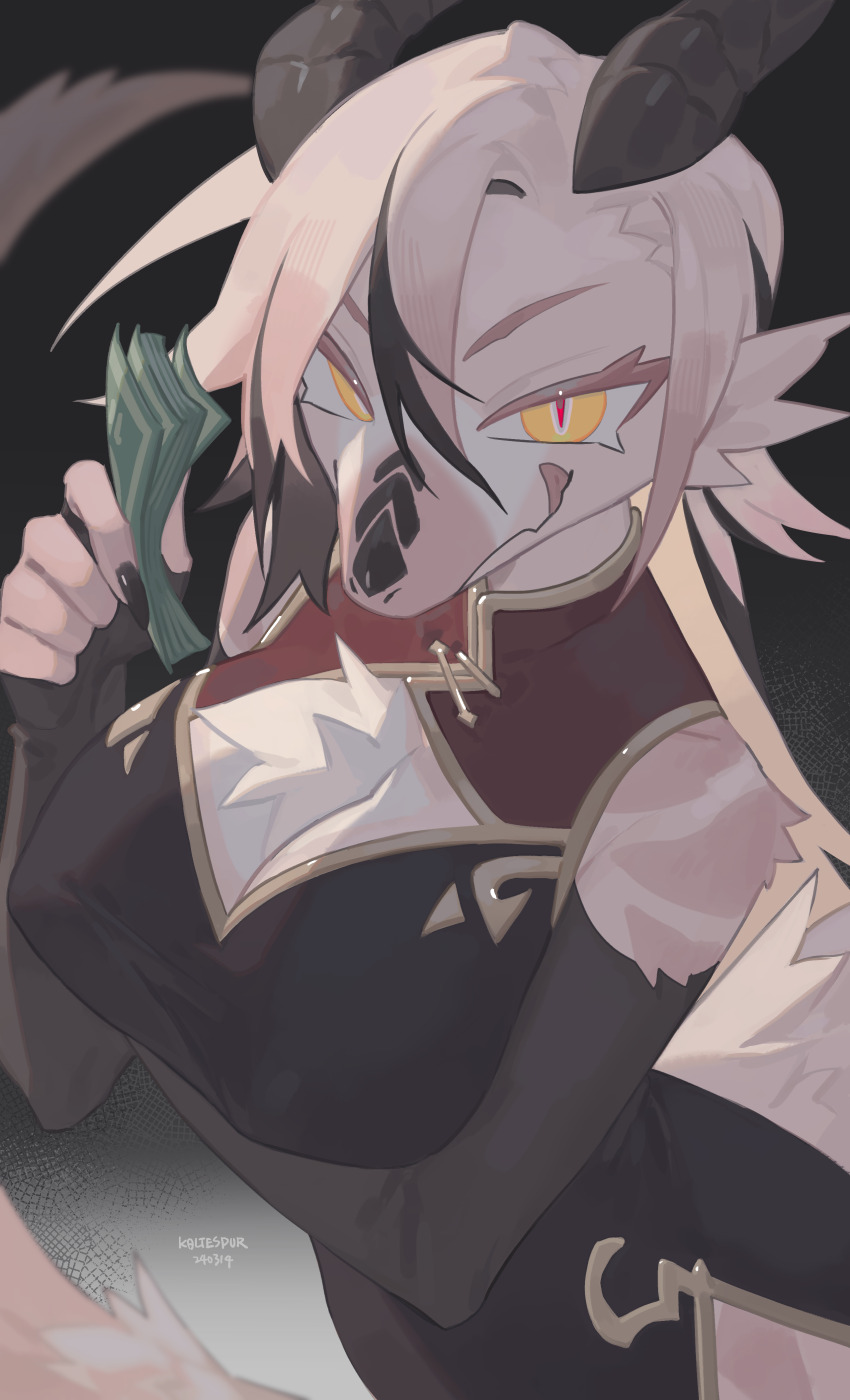 1girl :q absurdres arm_under_breasts artist_name bare_shoulders black_bridal_gauntlets black_hair black_nails body_fur breast_cutout breasts bridal_gauntlets chest_tuft china_dress chinese_clothes cleavage dated dragon_girl dragon_horns dress furry furry_female hair_between_eyes highres holding holding_money horns kaltespur large_breasts long_hair looking_at_viewer money multicolored_hair nostrils original pink_hair slit_pupils snout solo streaked_hair tongue tongue_out tsurime v-shaped_eyebrows yellow_eyes