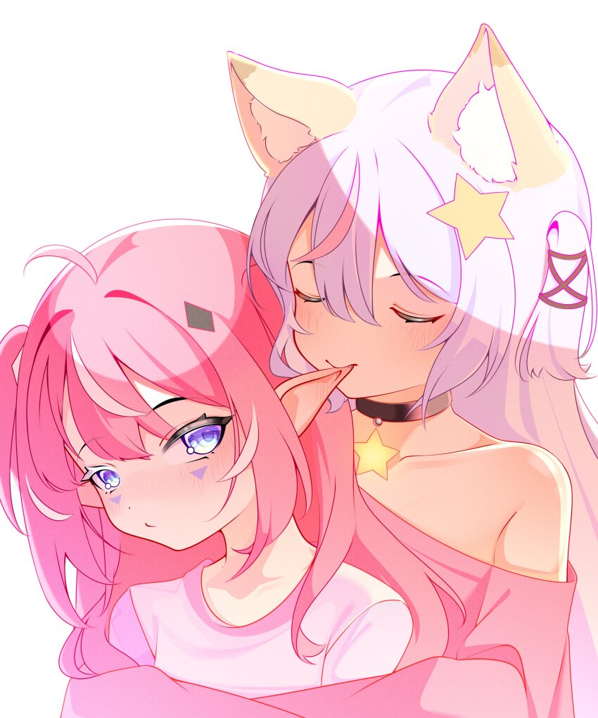 2girls absurdres ahoge animal_ear_fluff animal_ears annytf biting biting_ear blush camila_(vtuber) closed_eyes ear_blush fox_ears hair_ornament highres indie_virtual_youtuber long_hair mats_kuro multiple_girls pink_hair pointy_ears star_(symbol) star_hair_ornament virtual_youtuber yuri
