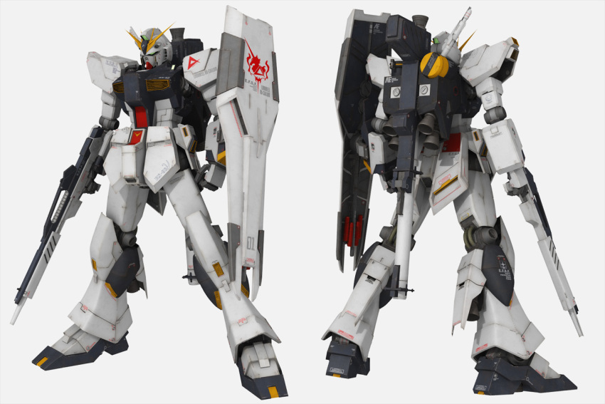 3d anaheim_electronics beam_rifle char&#039;s_counterattack commentary_request comparison dual_persona energy_gun gundam machinery mecha mecha_focus mobile_suit multiple_views no_humans nu_gundam realistic robot roundel science_fiction shield tomholy unicorn v-fin weapon white_background