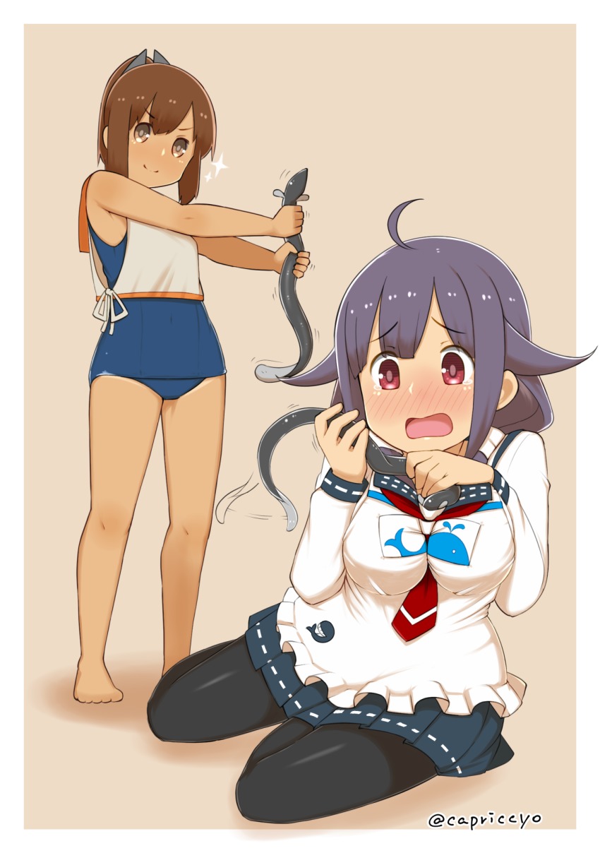 10s 2girls ahoge apron barefoot between_breasts black_legwear blush breasts brown_eyes brown_hair capriccyo eel hair_flaps hair_ornament hairclip highres i-401_(kancolle) kantai_collection large_breasts long_hair looking_at_viewer low_twintails magatama multiple_girls neckerchief necktie necktie_between_breasts one-piece_swimsuit one-piece_tan pantyhose ponytail purple_hair red_eyes sailor_collar school_swimsuit school_uniform serafuku short_ponytail smile swimsuit swimsuit_under_clothes taigei_(kancolle) tan tanline twintails whale