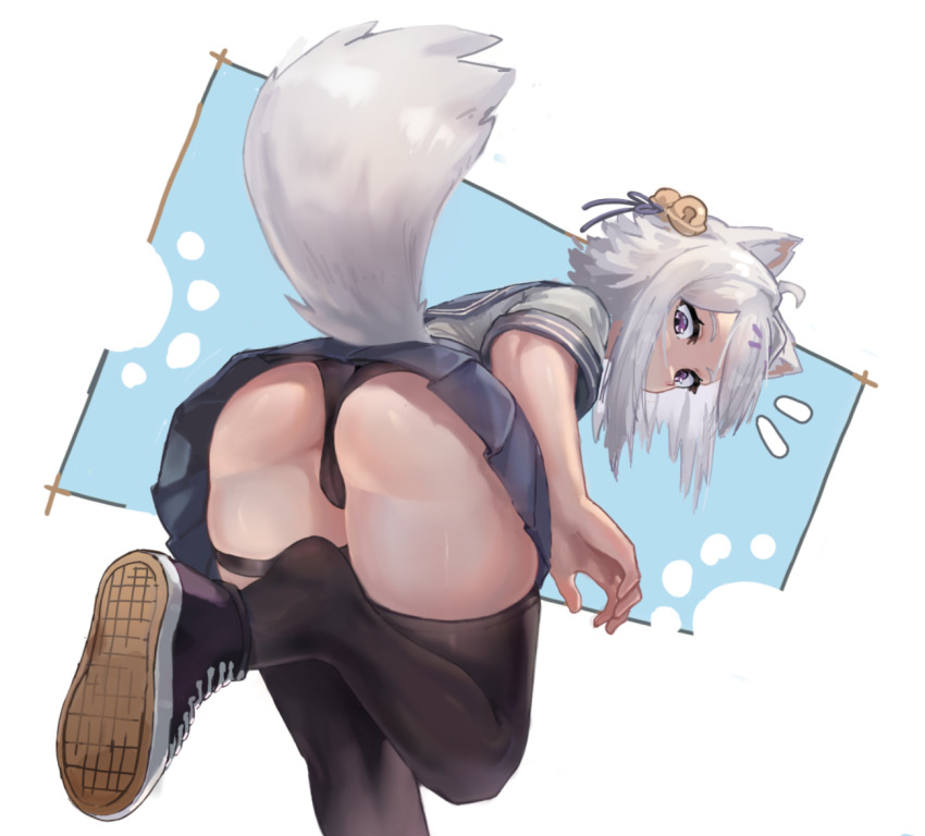 1girl ahoge animal_ears ass ass_focus bell black_panties black_thighhighs cameltoe cat_ears cat_girl cat_tail commentary english_commentary filian_(vtuber) foot_out_of_frame foot_up from_behind from_below from_side hair_bell hair_ornament indie_virtual_youtuber leaning_forward looking_at_viewer looking_back notice_lines paid_reward_available panties paw_print pleated_skirt purple_eyes shoe_soles shoes short_hair short_sleeves simple_background skirt solo tail tail_raised thigh_strap thighhighs thighs turning_head underwear upskirt virtual_youtuber wersman white_hair