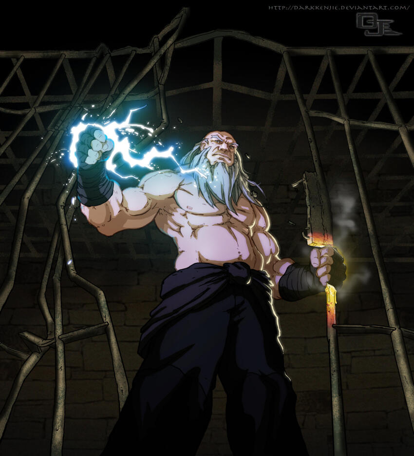 1boy abs avatar:_the_last_airbender avatar_legends bandaged_hand bandages beard black_pants broken clenched_hands commentary darkkenjie deviantart_username electricity english_commentary facial_hair feet_out_of_frame frown glowing glowing_hand grey_hair highres iroh male_focus melting molten_metal muscular muscular_male old old_man pants prison_cell smoke solo standing topless_male watermark web_address