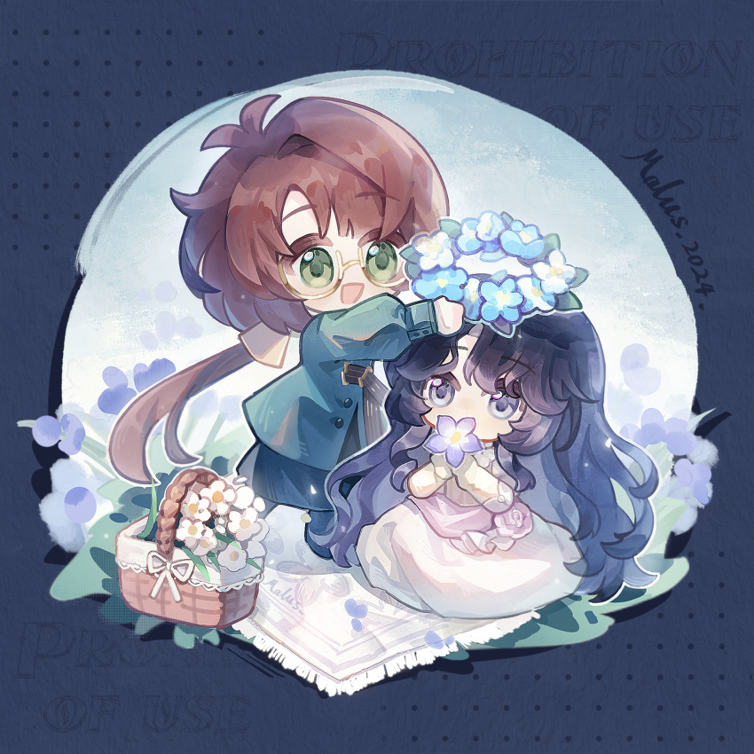 :d artist_name black_hair black_skirt blue_background blue_flower brown_hair chibi dress dressing_another flower flower_basket flower_over_mouth flower_wreath glasses gloves gown green_eyes green_jacket head_wreath highres isolde_(reverse:1999) jacket kakania_(reverse:1999) long_hair low_ponytail open_mouth picnic_blanket ponytail purple_eyes reverse:1999 semi-rimless_eyewear sishi_malus skirt smile under-rim_eyewear very_long_hair white_dress white_flower yellow_gloves