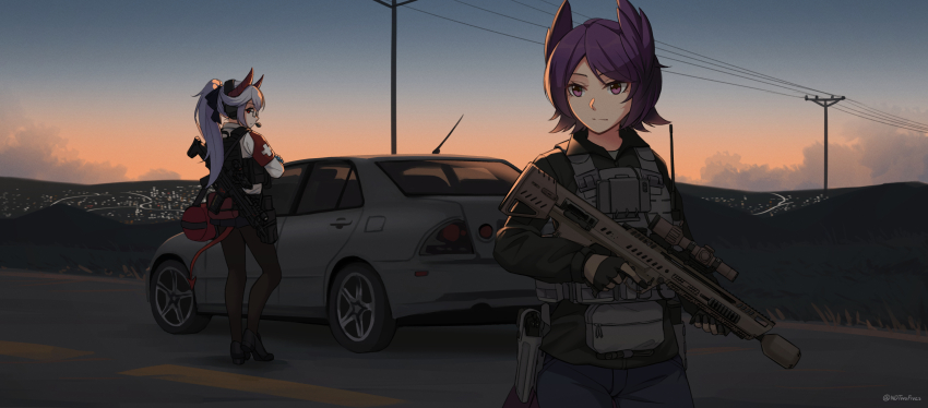 2girls absurdres armband assault_rifle bag black_gloves black_skirt blue_pants blue_sky brown_pantyhose bullpup cloud collared_shirt commentary commission demon_girl demon_horns demon_tail denim english_commentary gloves green_shirt grey_hair gun handgun highres holding holding_gun holding_weapon horns jeans long_hair long_sleeves multiple_girls ndtwofives original outdoors pants pantyhose pleated_skirt ponytail power_lines purple_eyes purple_hair rifle rm-277 rm-277r shirt shoulder_bag sig_p220/p226 skirt sky steyr_acr sunrise suppressor tail utility_pole very_long_hair weapon white_shirt
