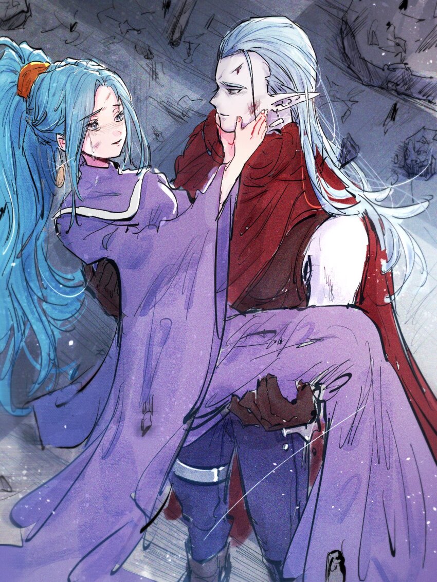 1boy 1girl amakekke aqua_hair blue_pants breasts brother_and_sister brown_gloves carrying chrono_trigger cloak dirty dirty_face dress earrings gloves gold_earrings grey_hair hair_slicked_back hair_tie hand_on_own_cheek hand_on_own_face highres jewelry long_dress long_hair long_sleeves looking_at_another magus_(chrono_trigger) medium_breasts pale_skin pants parted_bangs pointy_ears princess_carry purple_dress red_cloak schala_zeal siblings smile tears wide_ponytail wide_sleeves