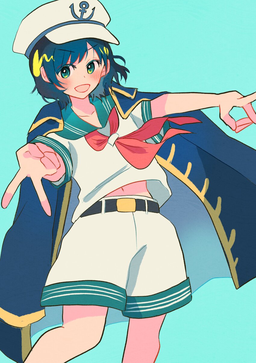 1girl absurdres anchor_symbol belt belt_buckle black_belt black_coat black_hair blue_background blush booonyanyanya buckle coat coat_on_shoulders collared_shirt feet_out_of_frame green_eyes hat highres midriff_peek murasa_minamitsu neckerchief open_mouth red_neckerchief sailor_hat shirt short_hair short_sleeves shorts simple_background solo touhou v white_hat white_shirt white_shorts