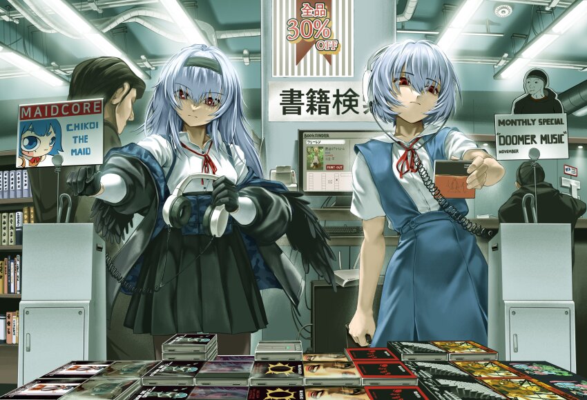 2boys 2girls absurdres ayanami_rei black_gloves black_hairband black_skirt blue_hair chikoi chtv closed_mouth crossover doomer expressionless futaba_channel girls&#039;_frontline gloves hairband headphones highres holding holding_headphones indoors long_hair meme monitor multiple_boys multiple_girls neck_ribbon neon_genesis_evangelion nijiura_maids original red_eyes red_ribbon ribbon school_uniform shirt short_hair skirt thunder_(girls&#039;_frontline) trait_connection white_shirt