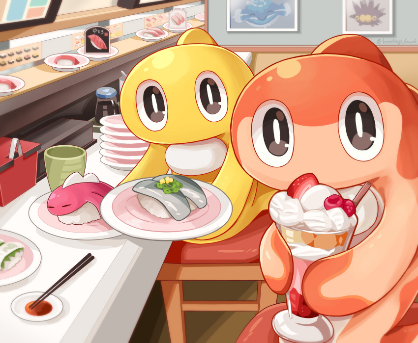 absurdres artist_name bottle box bright_pupils brown_eyes chopsticks closed_eyes commentary_request conveyor_belt_sushi counter cup dondozo fish_(food) food fruit gen_8_pokemon highres holding holding_plate indoors kotonegi_6owo6 looking_at_viewer mamezara nigirizushi nintendo no_humans parfait picture_frame pincurchin plate pokemon pokemon_(creature) raspberry soy_sauce soy_sauce_bottle stool strawberry sushi tatsugiri tatsugiri_(curly) tatsugiri_(droopy) tatsugiri_(stretchy) twitter_username wafer_stick white_pupils yunomi