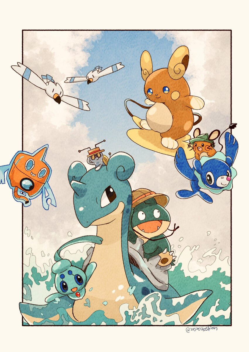 alolan_form alolan_raichu animal_focus beak bird blue_eyes blue_sky border closed_mouth cloud commentary_request dedenne fangs gen_1_pokemon gen_3_pokemon gen_4_pokemon gen_6_pokemon gen_7_pokemon gimmighoul gimmighoul_(roaming) highres horns lapras munchlax mythical_pokemon nintendo no_humans open_mouth outdoors outside_border phione pokemon pokemon_(creature) popplio rotom rotom_(wash) seagull shell single_horn sky snout water white_border wings wingull zozozoshion