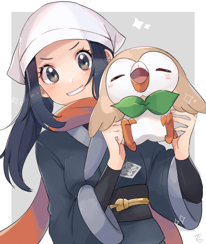 1girl =_= akari_(pokemon) black_hair black_sash black_shirt blush commentary_request eyelashes galaxy_expedition_team_survey_corps_uniform gen_7_pokemon grey_eyes grey_jacket grin hands_up headscarf highres holding holding_pokemon jacket long_hair looking_at_viewer nintendo orange_scarf pokemon pokemon_(creature) pokemon_legends:_arceus ponytail ririmon rowlet sash scarf shirt sidelocks signature smile sparkle teeth upper_body white_headscarf