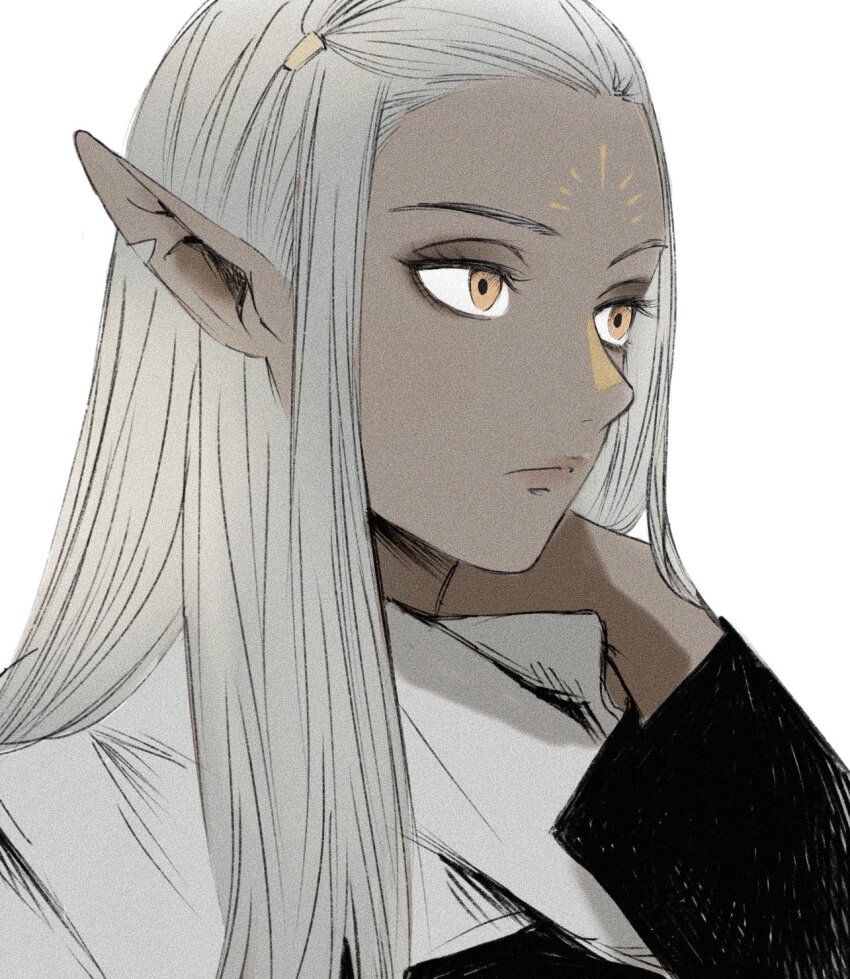1girl cithis contemporary dark-skinned_female dark_elf dark_skin dungeon_meshi elf eyeshadow facial_mark forehead_mark frs2 grey_hair hair_tubes highres lipstick long_hair looking_ahead makeup notched_ear pointy_ears scarf simple_background solo white_background white_scarf yellow_eyes