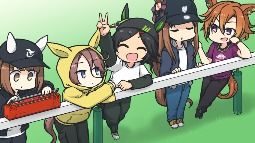 5girls animal_ears arm_up baseball_cap black_hair black_headwear bling blue_eyes brown_hair closed_eyes denim ear_covers ear_ornament ear_piercing ears_through_headwear gold_necklace grass_wonder_(umamusume) hair_between_eyes hair_ornament hairclip hamu_koutarou hat highres holding_radio hood hooded_jacket horse_ears horse_girl horse_racing_track horse_tail jacket jeans jewelry jitome layered_sleeves letterman_jacket long_hair long_sleeves multiple_girls narita_taishin_(umamusume) necklace official_alternate_costume on_grass open_clothes open_jacket orange_hair orange_headwear outdoors pants parted_bangs piercing purple_eyes purple_shirt radio school_emblem shirt shoes short_hair short_over_long_sleeves short_sleeves sidelocks sideways_glance sneakers standing t.m._opera_o_(umamusume) tail umamusume umayuru v white_shirt winning_ticket_(umamusume) yellow_jacket yukino_bijin_(umamusume)