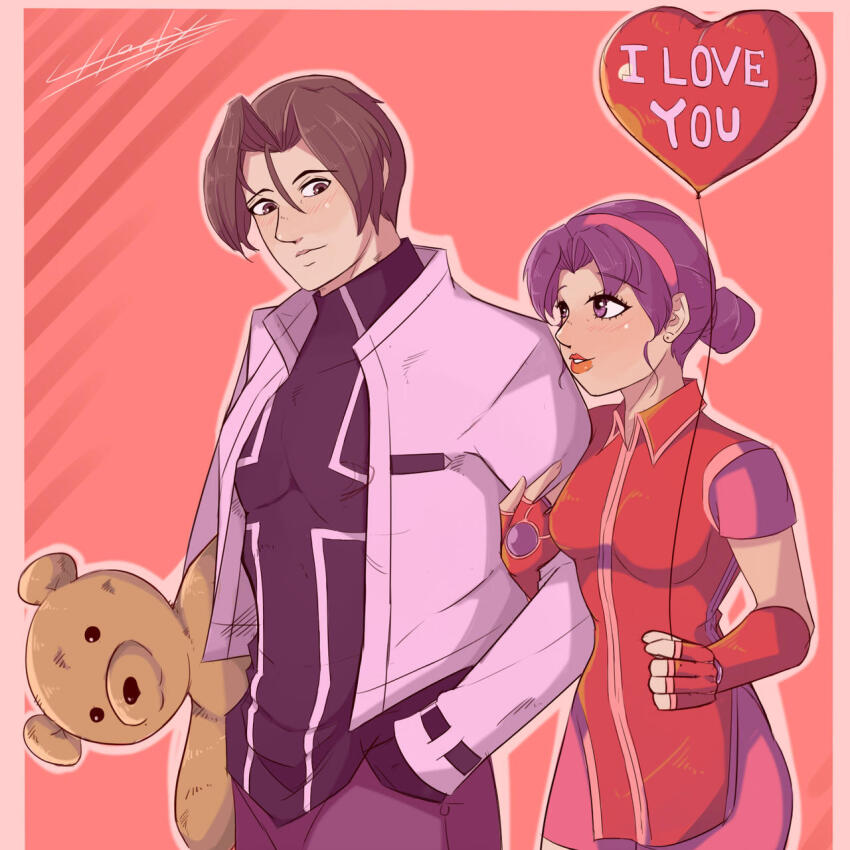asamiya_athena ballon balloon bear brown_hair charlyarts fingerless_gloves gloves hair_ornament heart heart_balloon highres idol jacket kusanagi_kyou psycho_soldier purple_eyes purple_hair snk star_(symbol) star_hair_ornament stuffed_animal stuffed_toy teddy_bear the_king_of_fighters the_king_of_fighters_2000 valentine&#039;s white_jacket