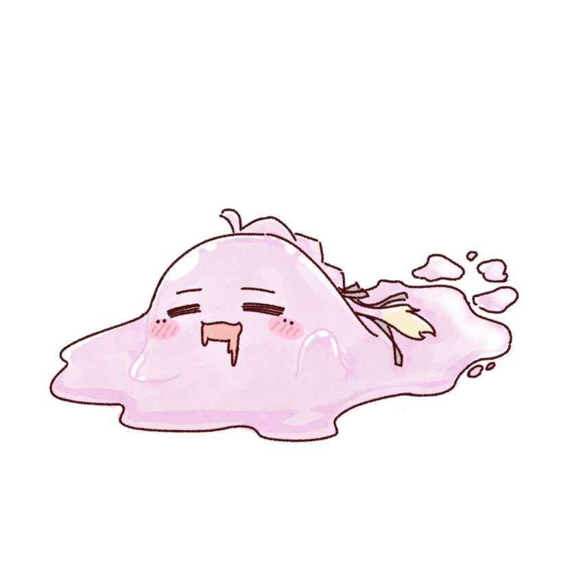 :d =_= amano_tatsu animalization anyoji_hime black_ribbon blob blonde_hair blush closed_eyes commentary drooling facing_viewer gradient_hair hair_ribbon highres link!_like!_love_live! love_live! mouth_drool multi-tied_hair multicolored_hair no_humans open_mouth pink_hair ponytail ribbon simple_background smile solo virtual_youtuber white_background