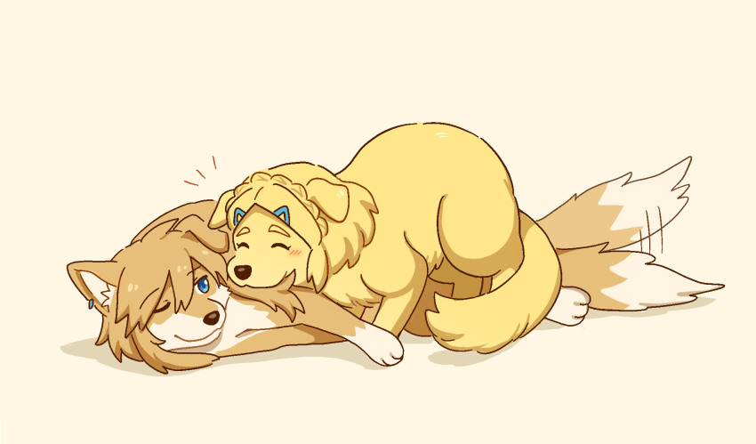 animal_ear_fluff animal_focus animalization atomaru braid closed_eyes crown_braid earrings hair_ornament hashtag-only_commentary highres jewelry link looking_at_another nintendo one_eye_closed orange_fur princess_zelda simple_background tail tail_wagging the_legend_of_zelda the_legend_of_zelda:_tears_of_the_kingdom yellow_background yellow_fur