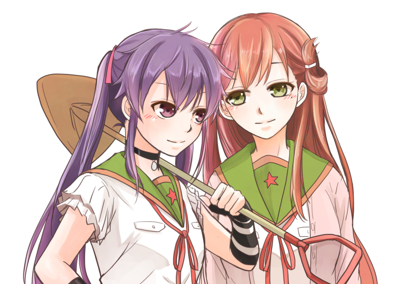2girls black_choker blush brown_cardigan cardigan choker ebisuzawa_kurumi fingerless_gloves folded_hair frilled_sleeves frills gakkou_gurashi! gazeichi gloves green_sailor_collar hair_ornament hairband hairclip highres holding holding_shovel long_hair megurigaoka_high_school_uniform mole mole_under_eye multiple_girls neck_ribbon one_side_up open_cardigan open_clothes purple_hairband red_ribbon ribbon sailor_collar school_uniform shirt shovel smile twintails wakasa_yuuri white_background white_shirt yuri