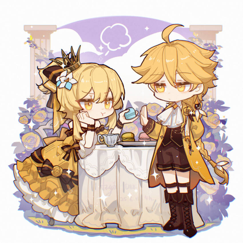 1boy 1girl aether_(genshin_impact) ahoge ascot ayiiiyiii blonde_hair boots bow braid brother_and_sister brown_bow brown_shorts chibi coat crown cup dress food genshin_impact hair_bow highres long_hair lumine_(genshin_impact) macaron mini_crown pout shorts siblings single_braid teacup white_ascot yellow_coat yellow_dress yellow_eyes