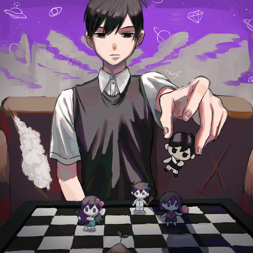 1boy absurdres arm_at_side aubrey_(headspace)_(omori) aubrey_(omori) bags_under_eyes black_eyes black_sweater_vest character_doll closed_mouth collared_shirt commentary couch doll double-parted_bangs empty_eyes fingernails foreshortening hair_behind_ear hair_between_eyes half-closed_eyes hero_(headspace)_(omori) hero_(omori) highres holding holding_doll indoors kel_(headspace)_(omori) kel_(omori) looking_at_object looking_down male_focus mr._plantegg_(omori) no_pupils omori omori_(omori) on_couch shirt short_hair short_sleeves shousan_(hno3syo) solo sprout_mole straight-on sunny_(omori) sweater_vest upper_body