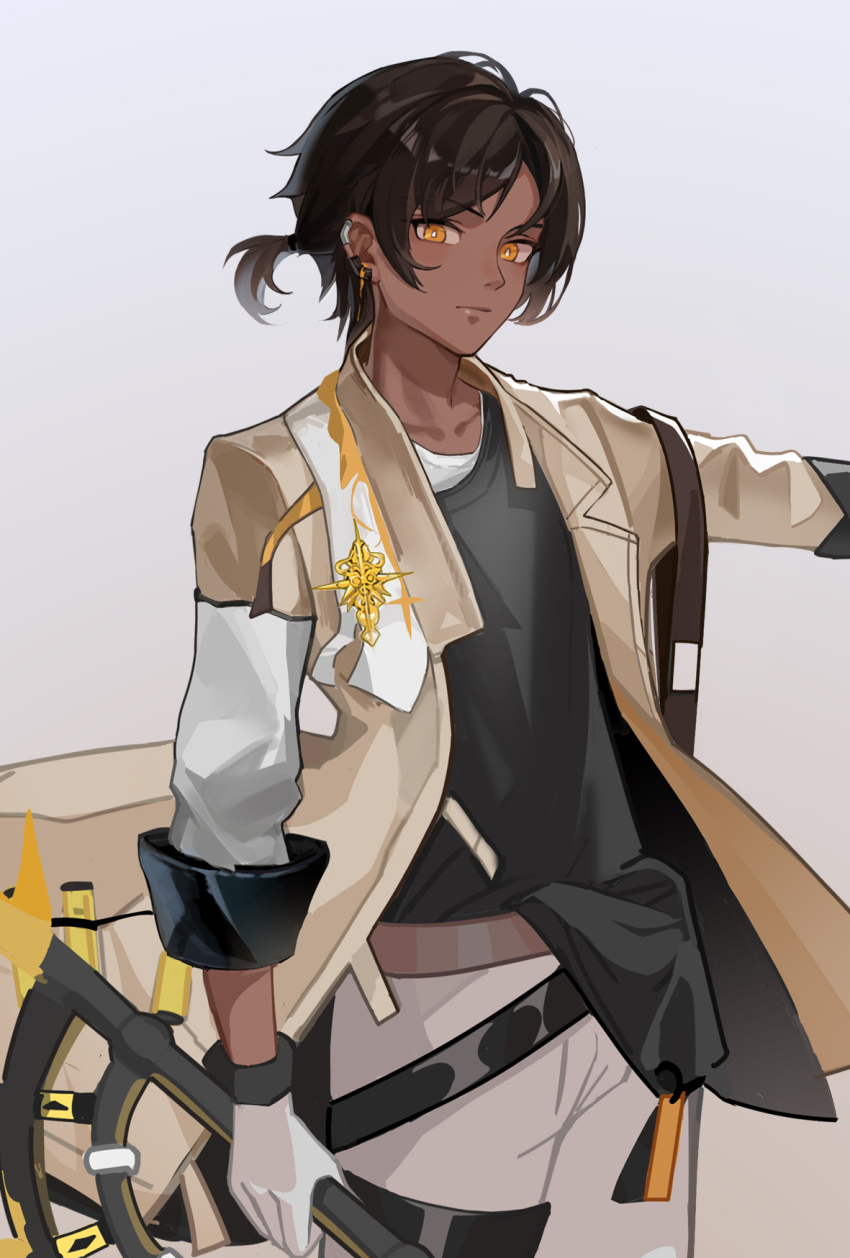 1boy arknights black_hair black_shirt bright_pupils brown_jacket closed_mouth collarbone commentary cowboy_shot dark-skinned_male dark_skin ear_piercing earrings gloves grey_background grey_gloves grey_pants highres holding jacket jewelry looking_at_viewer male_focus open_clothes open_jacket pants piercing shirt short_hair solo standing t-shirt thorns_(arknights) undershirt white_pupils white_shirt xiao_jiu yellow_eyes
